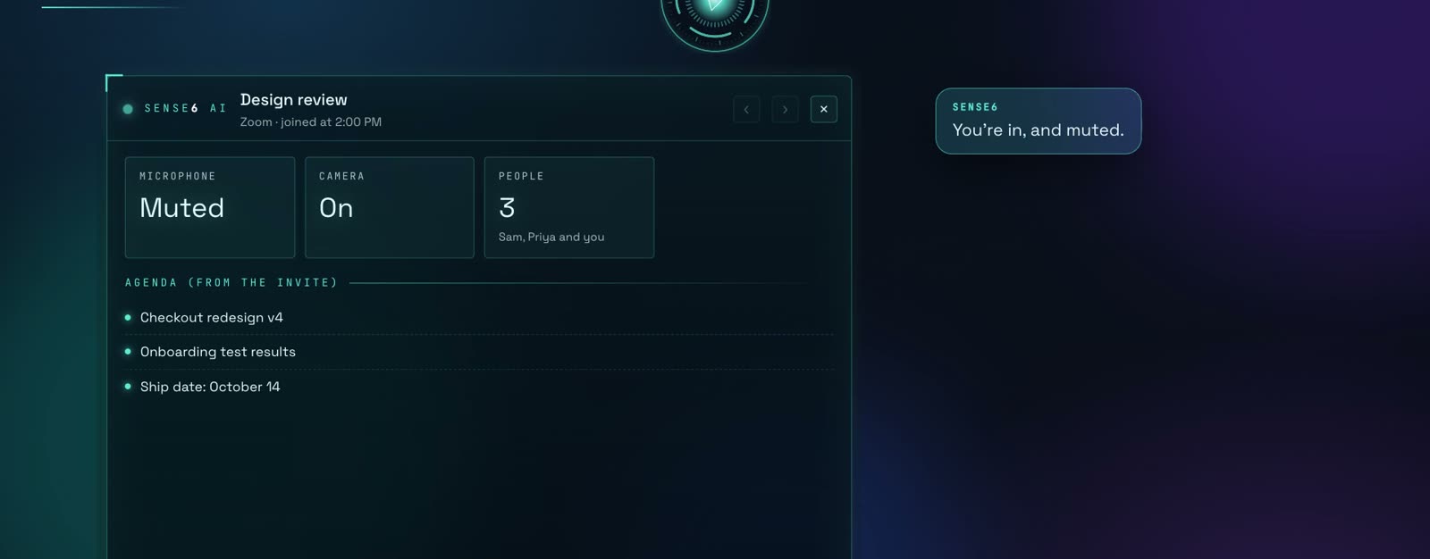 Joins the call. Mutes you. Invites the team.