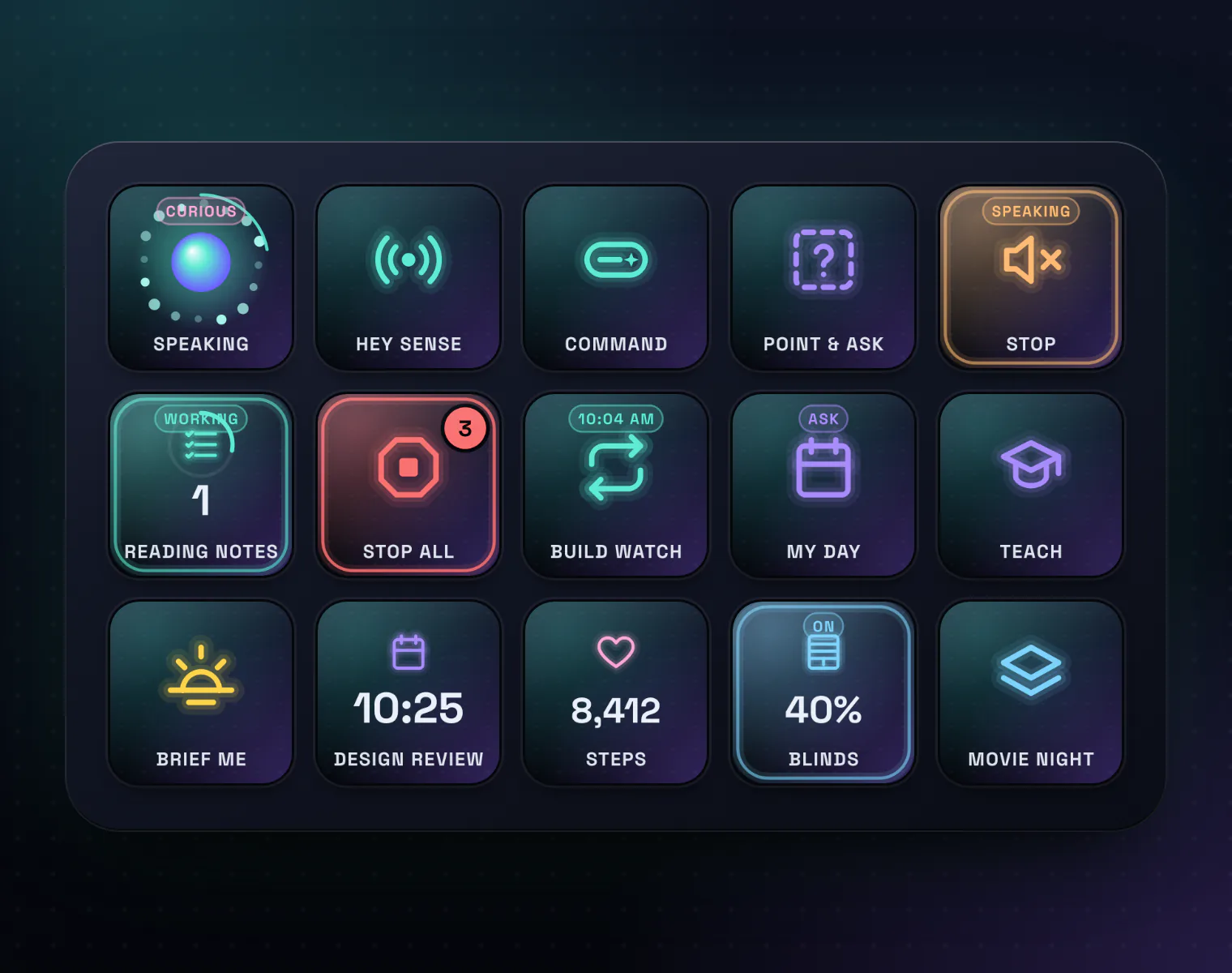 Sense6 Ai on a 15-key Stream Deck: Sense6 speaking, talk mode, the command bar, point and ask, stop talking, a task at work, stop everything, an automation, your own request, teach a skill, the morning brief, the next meeting, steps, blinds at 40% and an Apple Shortcut